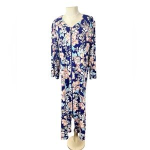 Miss Elsine Relax zip front robe housecoat size Large blue floral 3/4 sleeves